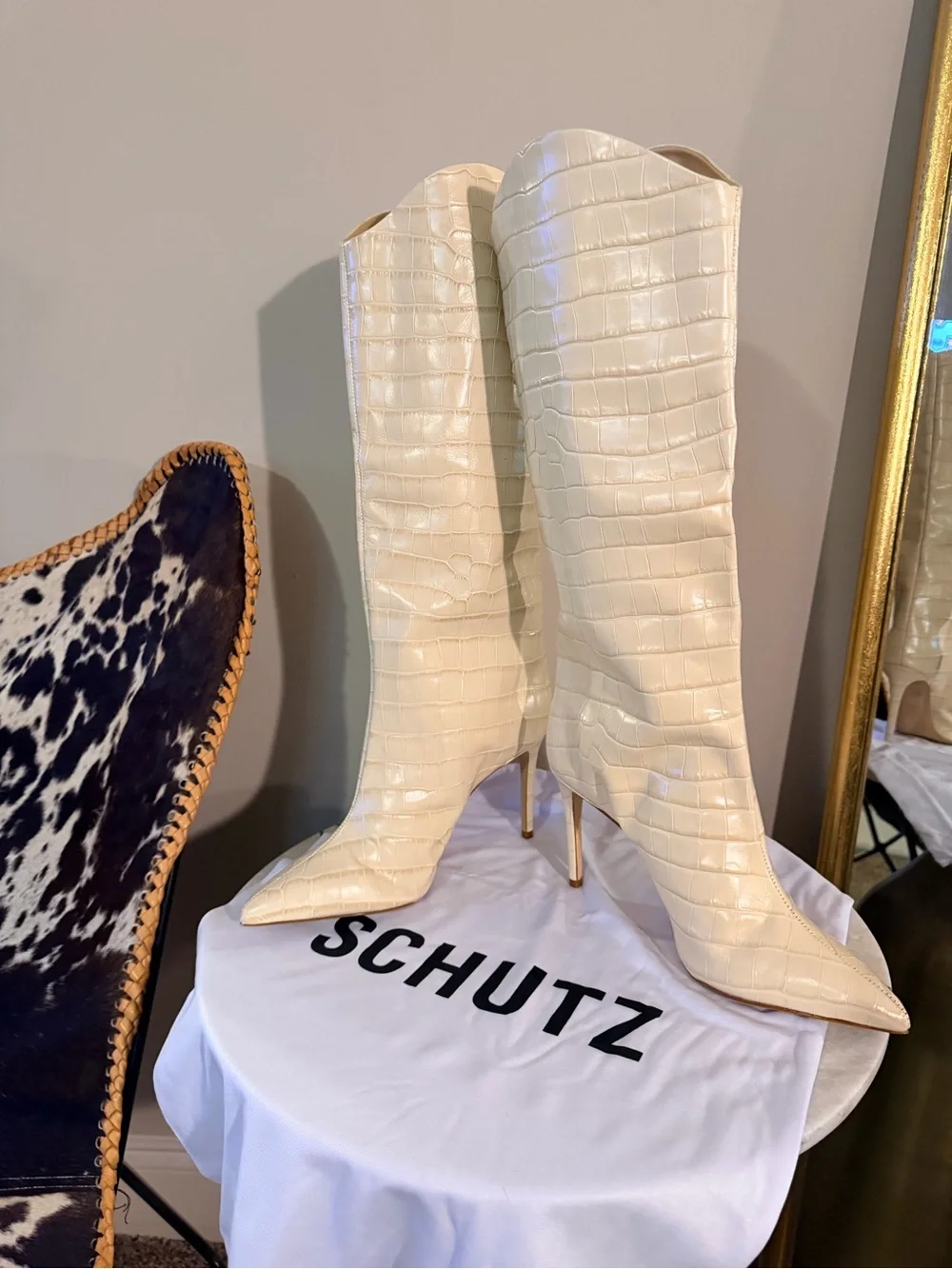NWT/Box/Dust-bag SCHUTZ Cream Croc-Embossed Over-the-Knee Stiletto Boots